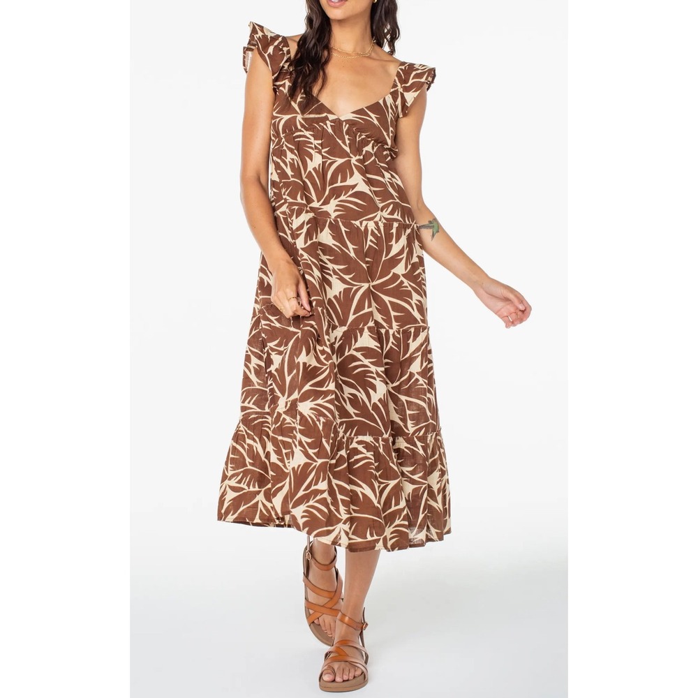 Roxy XL Brown Tropical Leaf Print Ruffle Palmy Days Tiered Cotton Midi Dress